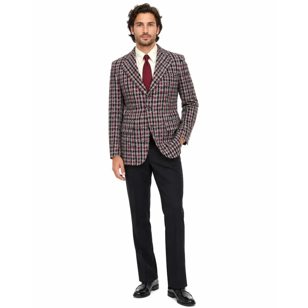Vintage 70s Men's 38R Plaid Polyester Sport Coat Blazer Red Gray